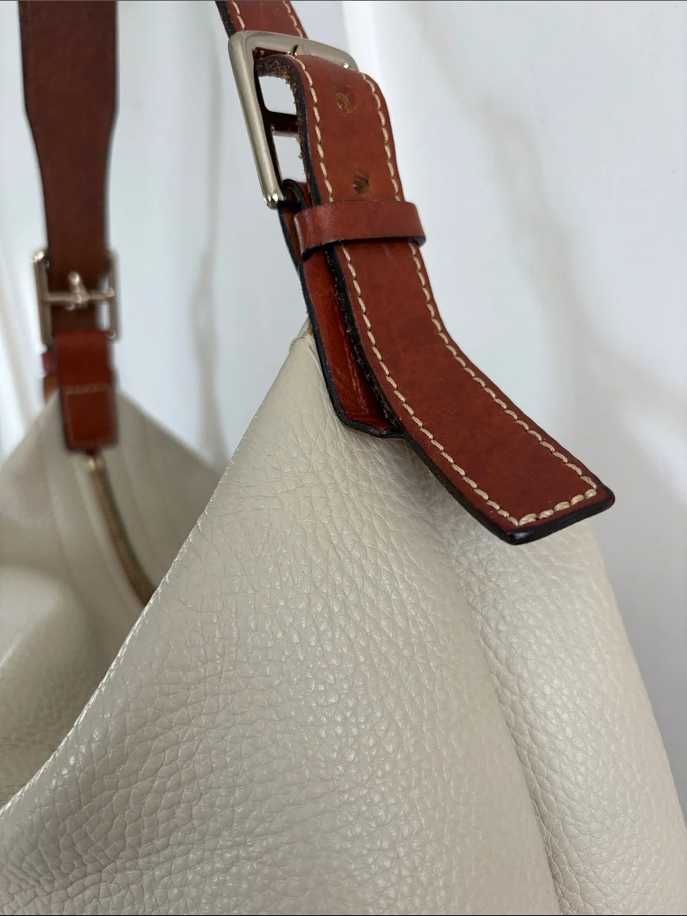 Dooney & Bourke Cream and Brown Pebble Leather Hobo Shoulder Bag